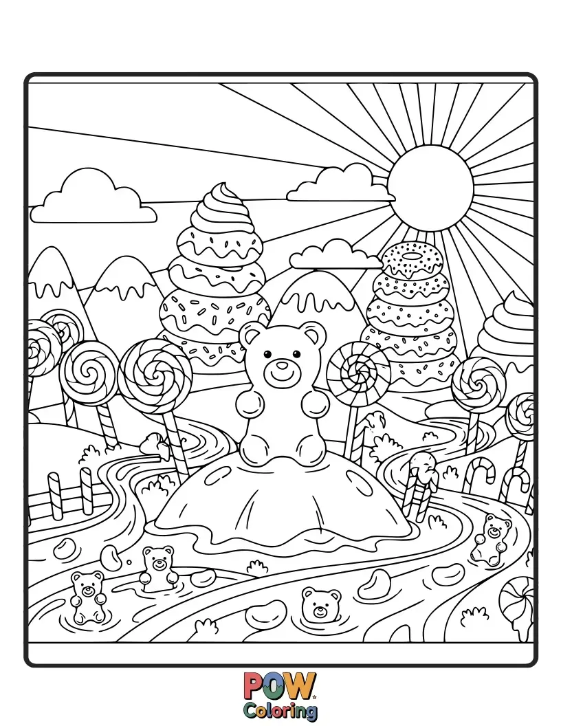 Free coloring page of Explore a whimsical landscape filled with giant gummy bears and rivers of vibrant jelly.