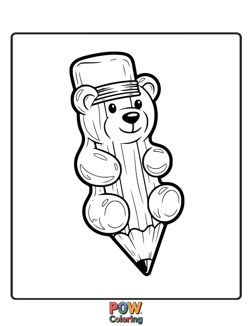 Free coloring page of A sweet and squishy pencil made of colorful gummy bears, offering a delightful and tasty artistic adventure.