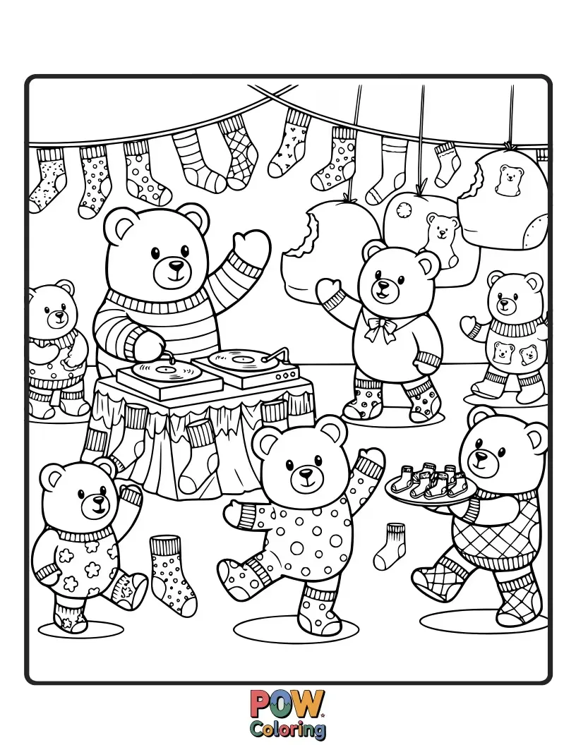 Free coloring page of Imagine a sock rave! These socks are covered in a rainbow of cheerful gummy bears having a fantastic time.