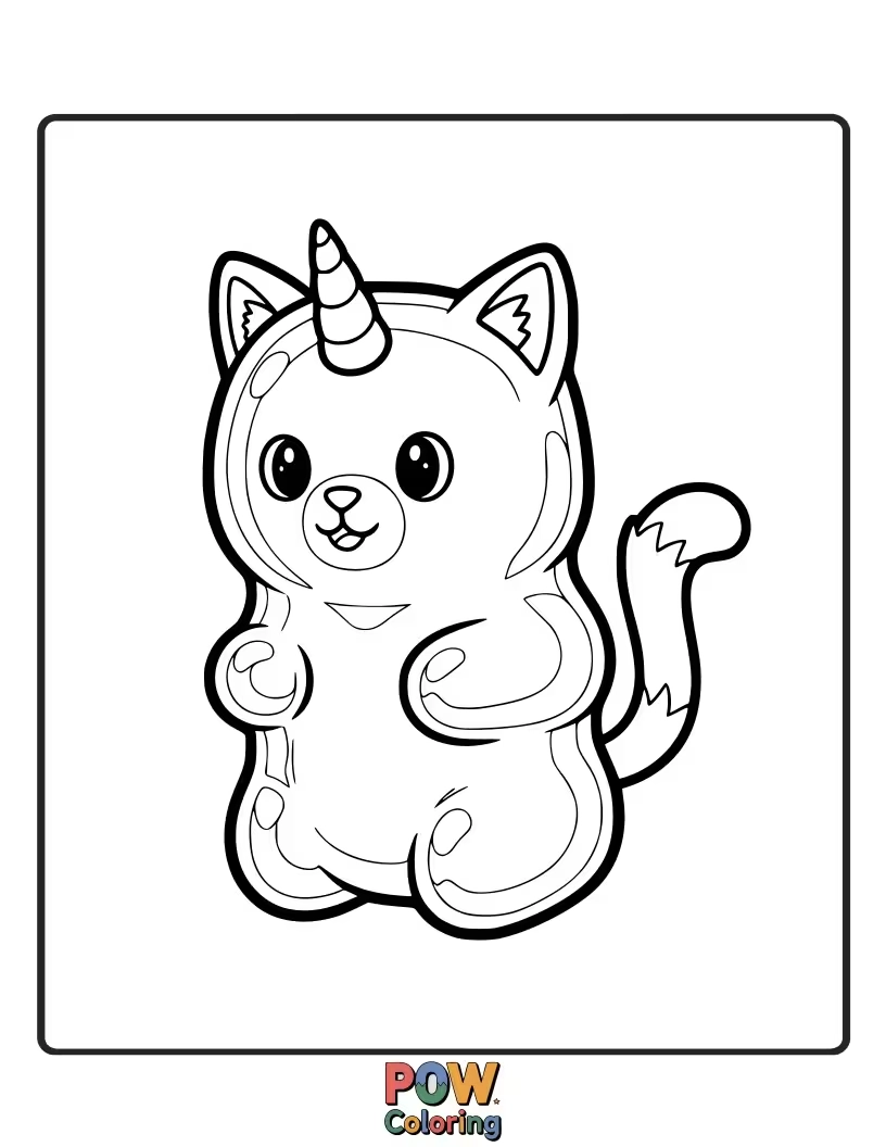 Free coloring page of A cute unicorn cat made entirely of colorful gummy bear shapes, with a jellybean horn and licorice whiskers.