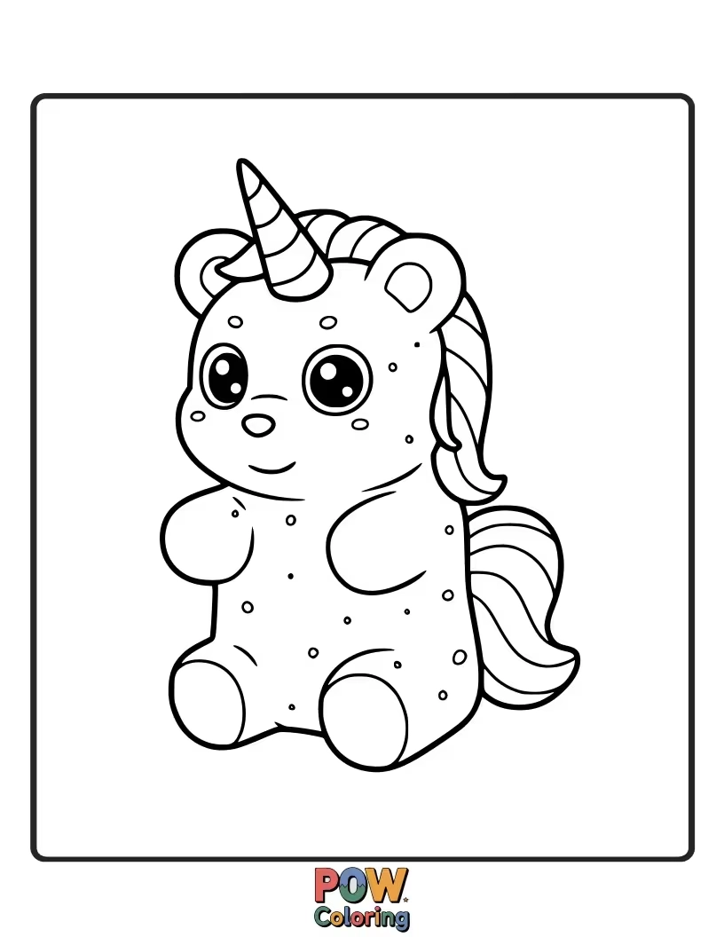 Free coloring page of Playful unicorn made of or surrounded by colorful, translucent gummy bears.