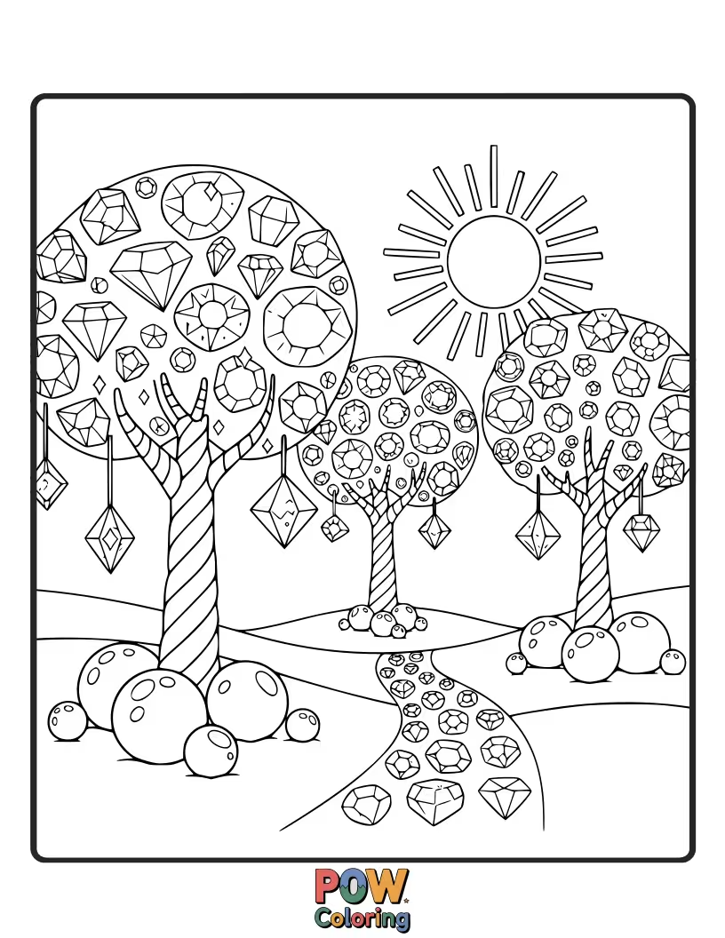 Free coloring page of Trees whose fruits are depicted as shiny, colorful gummy gems, sparkling with sweetness.