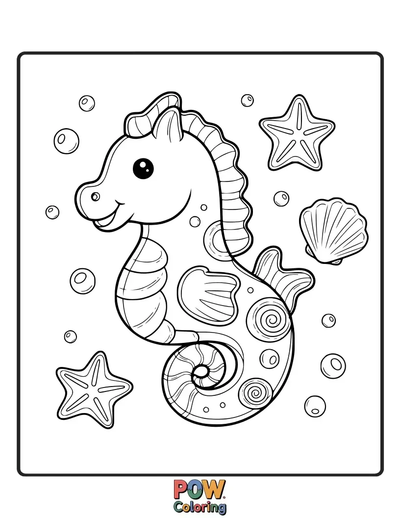 Free coloring page of A charming seahorse shaped like a gummy candy, surrounded by smaller gummy sea creatures, delightfully sweet.