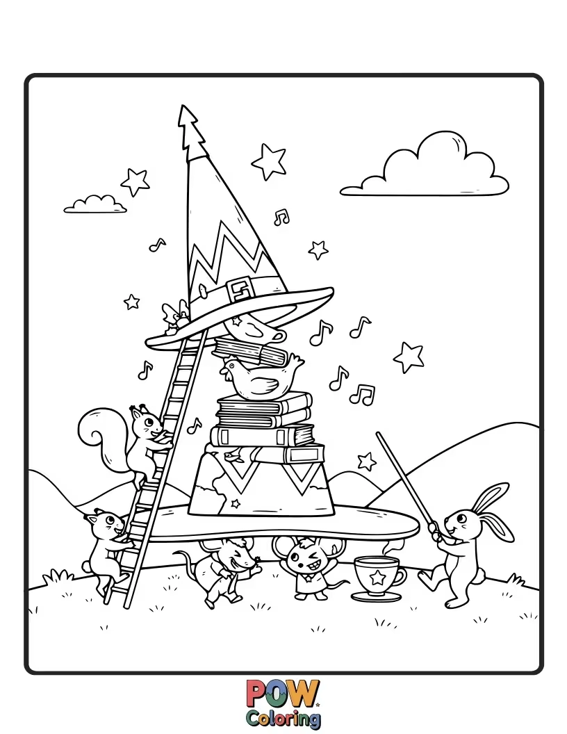 Free coloring page of Haman's iconic hat is shown being worn by a variety of funny, unexpected characters, from a frog to a cloud.