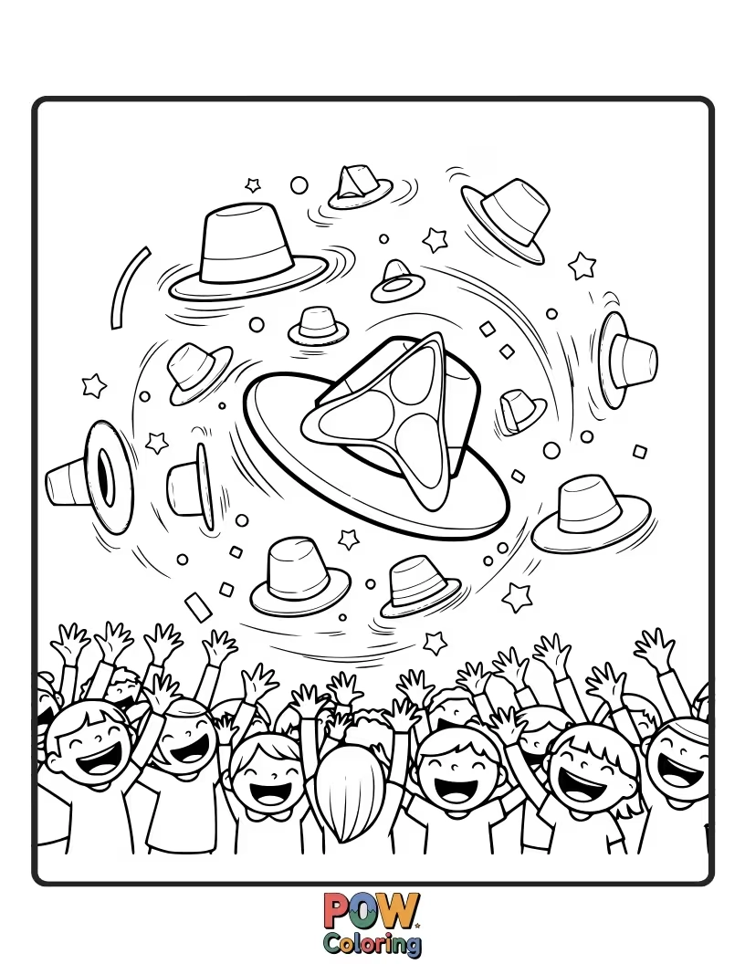 Free coloring page of Haman's distinctive hat is being tossed playfully through the air by a group of gleeful children, a moment of reversal.