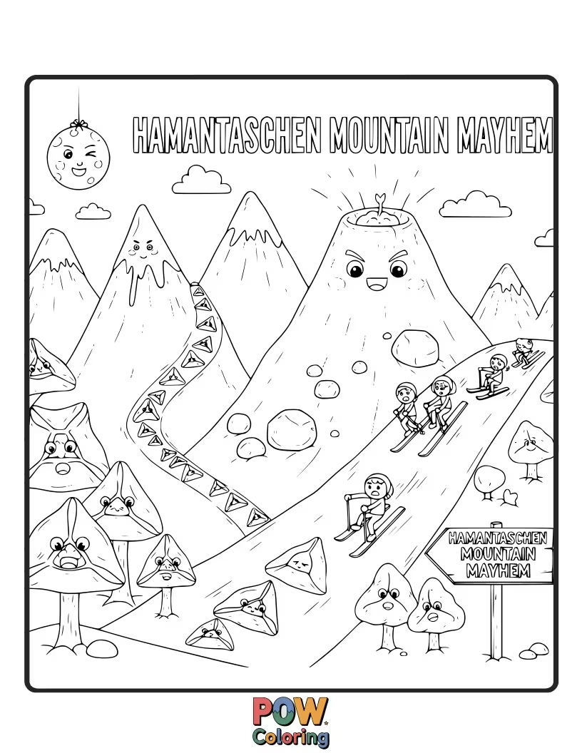 Free coloring page of A giant mountain of hamantaschen cookies is being explored by adventurous little explorers, ready for a sweet treat.
