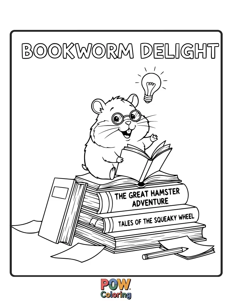 Free coloring page of A studious hamster engrossed in a giant book, spectacles perched on its nose, surrounded by tiny stacks of literature.