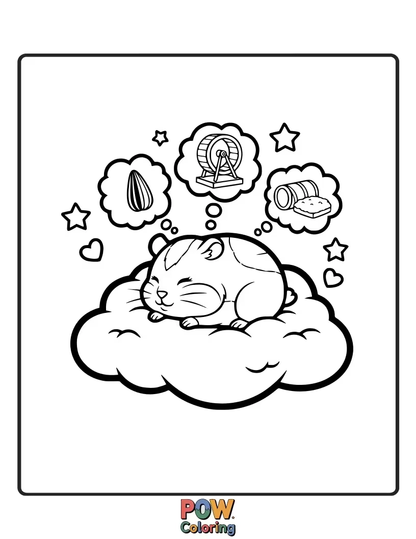 Free coloring page of A sleepy hamster snuggled on a fluffy cloud, dreaming of sunflower seeds and endless tunnels, with stars above.