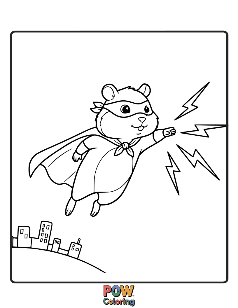 Free coloring page of A determined hamster in a cape and mask, striking a heroic pose, ready to save the day with its mighty nibble.