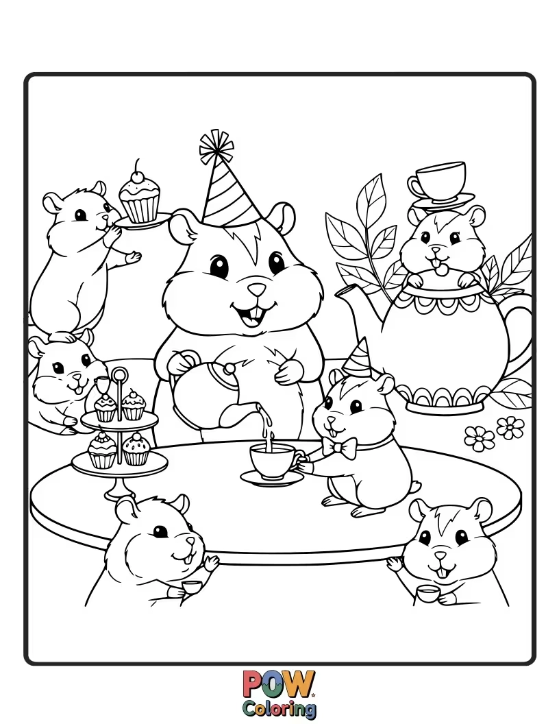 Free coloring page of An elegant hamster hosting a charming tea party with tiny teacups, cookies, and its adorable plush toy friends.
