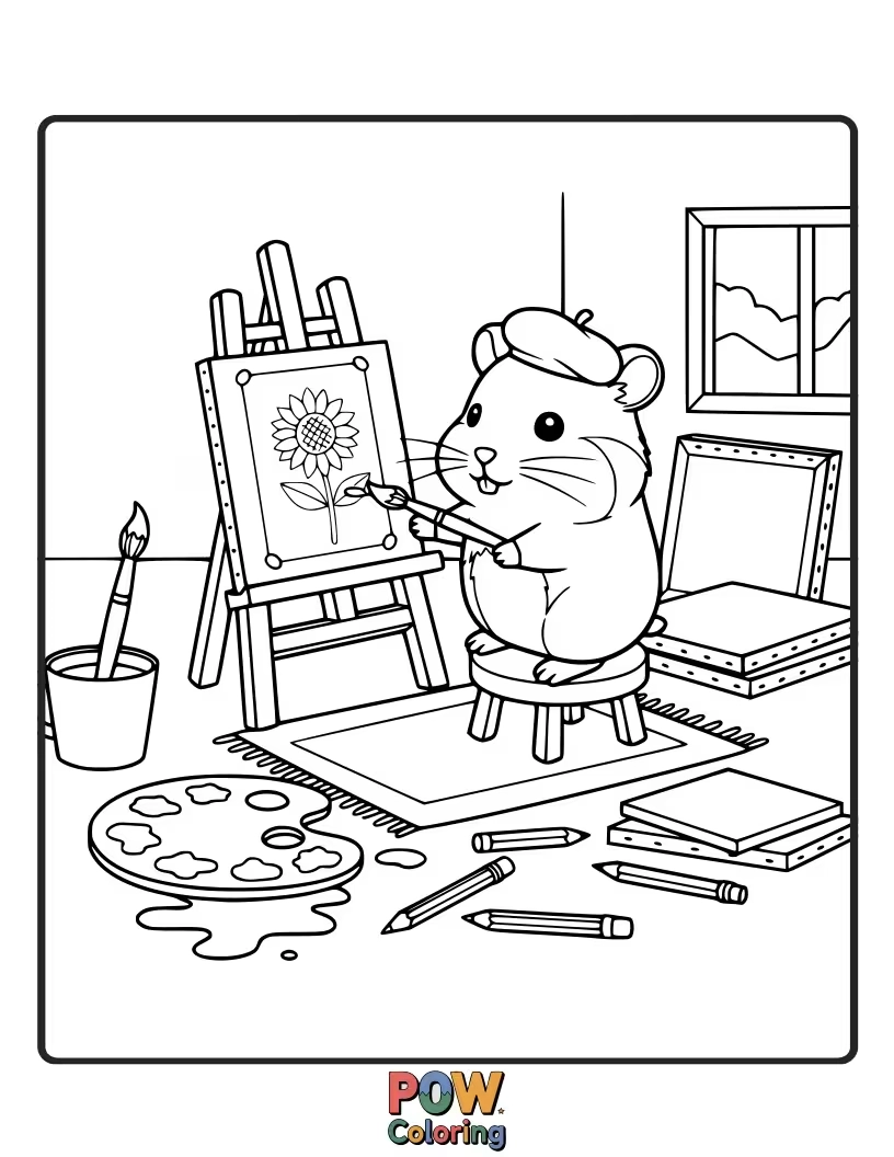 Free coloring page of A creative hamster, covered in paint splatters, enthusiastically painting a masterpiece on a tiny easel.