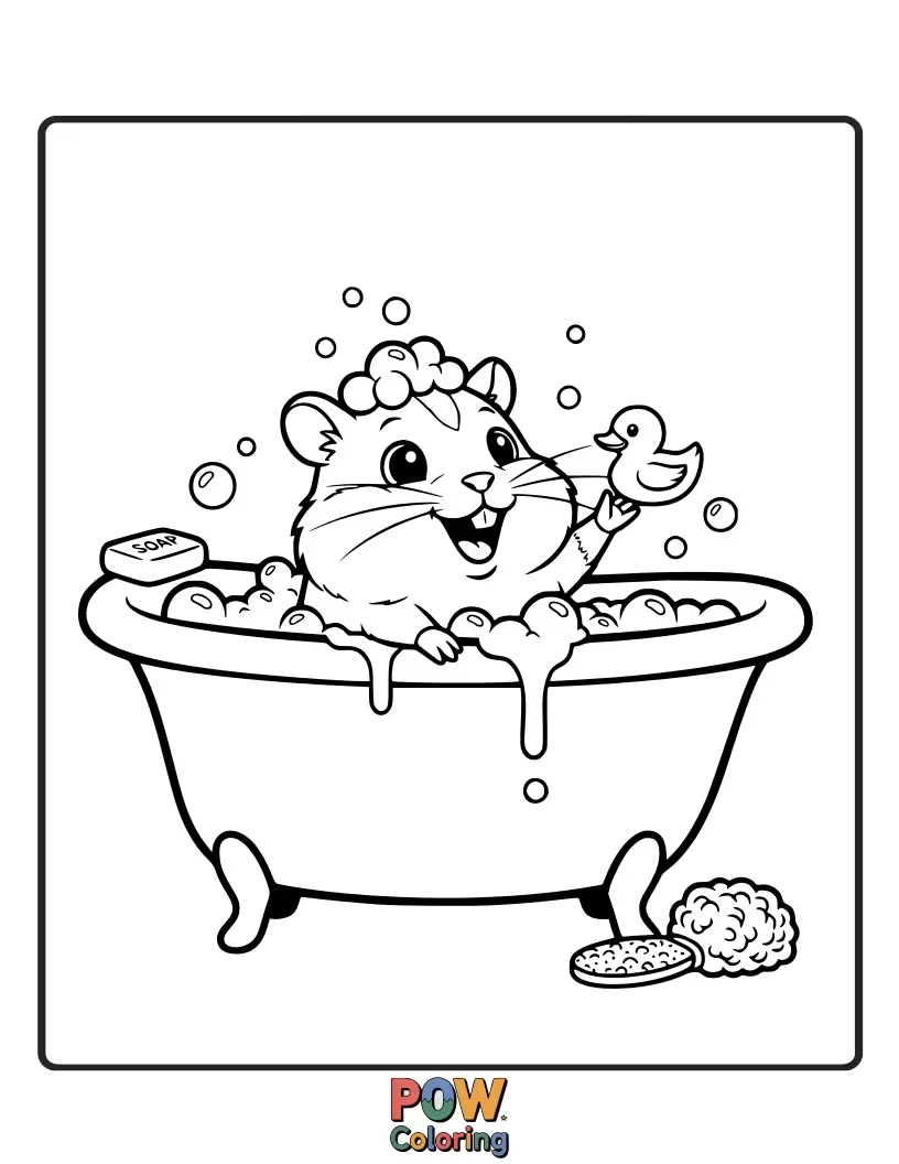Free coloring page of A happy hamster splashing and playing in a bubbly bathtub, surrounded by rubber duckies and soap suds.
