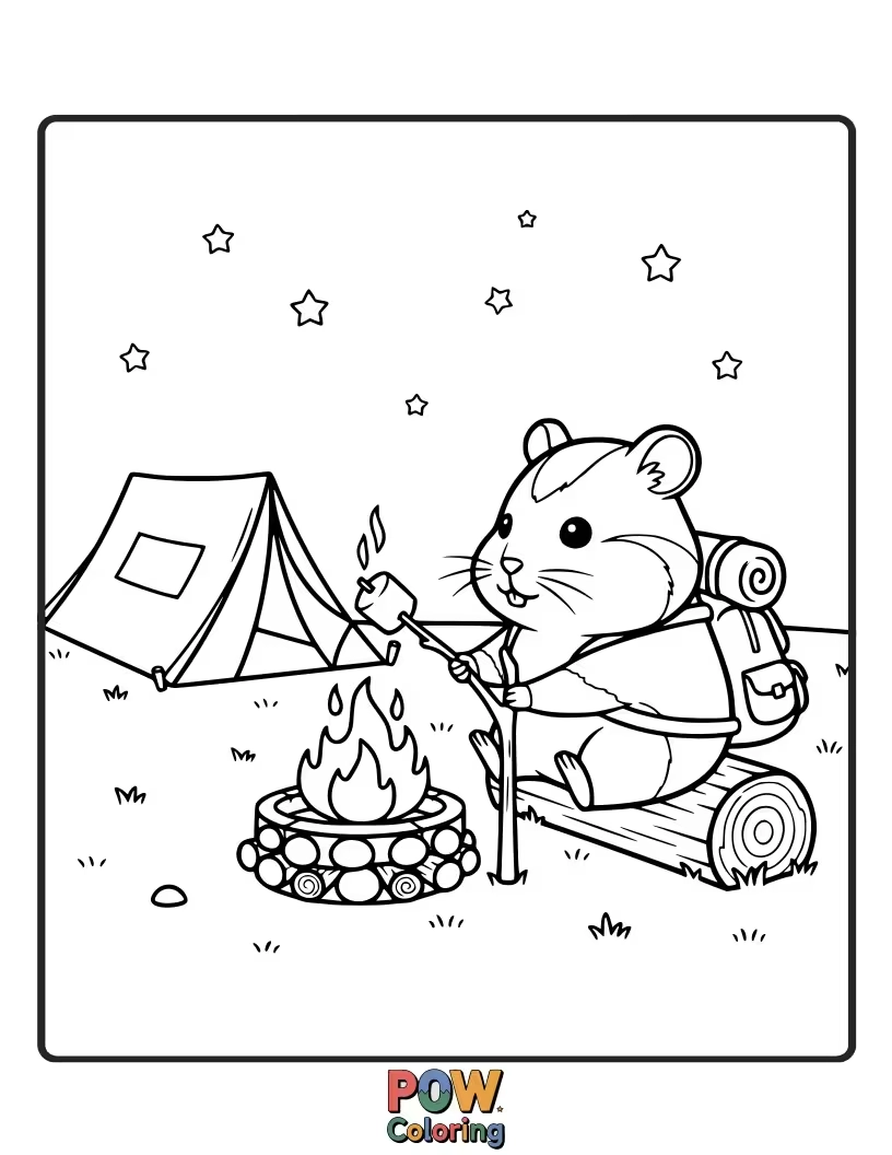 Free coloring page of A happy hamster sitting by a crackling campfire, roasting a marshmallow, with a tent and stars overhead.