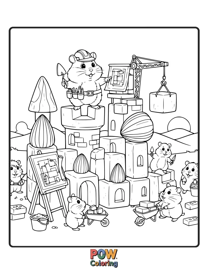 Free coloring page of A determined hamster diligently constructing a magnificent castle out of tiny LEGO bricks, dreaming of royalty.