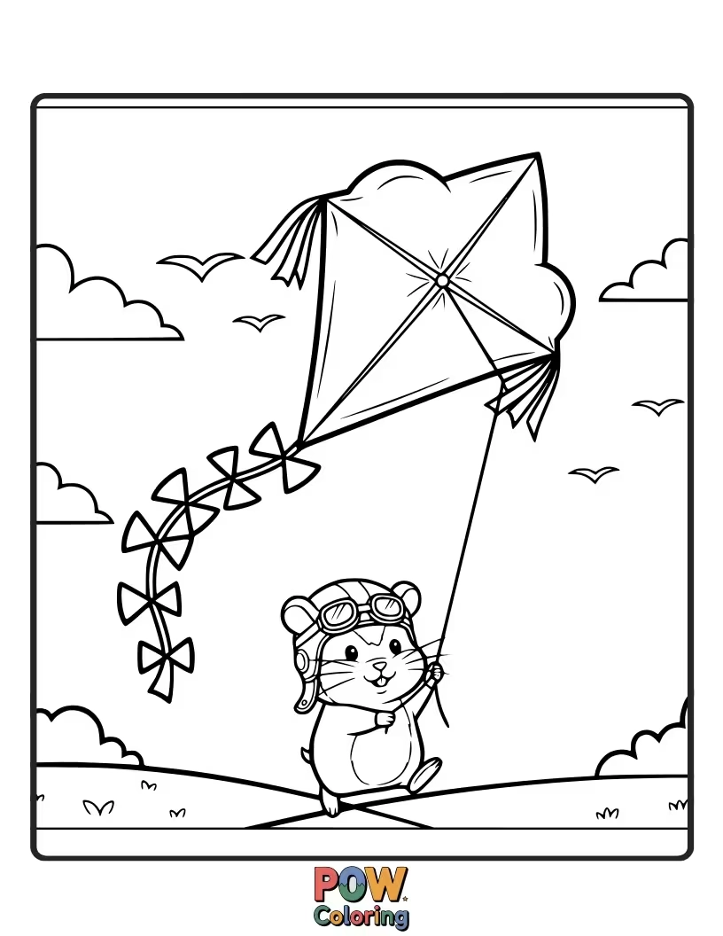Free coloring page of A joyful hamster running through a field, flying a colorful kite that soars high above in the sky.