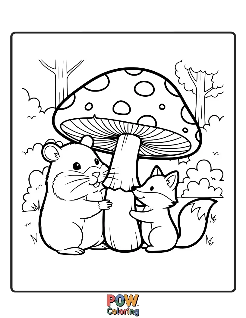 Free coloring page of A gentle hamster making friends with a cute ladybug and a friendly mushroom in a whimsical forest setting.