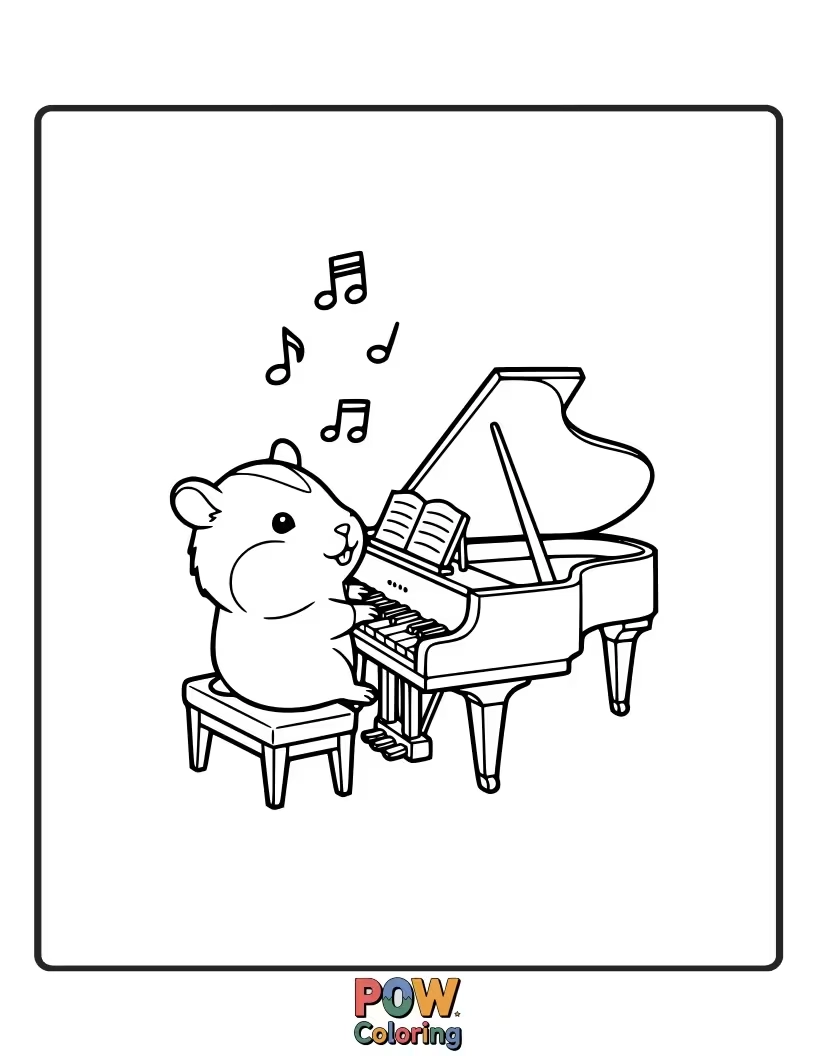 Free coloring page of A cheerful hamster playing a miniature ukulele, surrounded by musical notes and its adoring rodent audience.