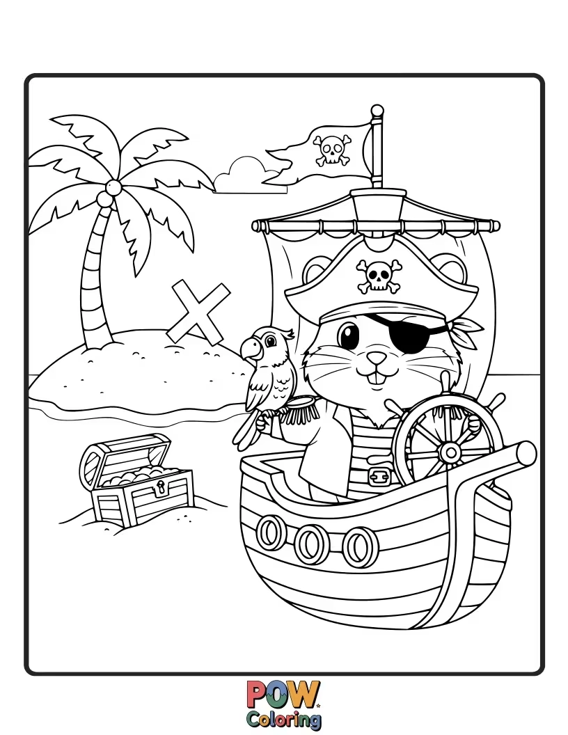 Free coloring page of A swashbuckling hamster in an eye patch and bandana, sailing on a tiny ship towards a treasure island.