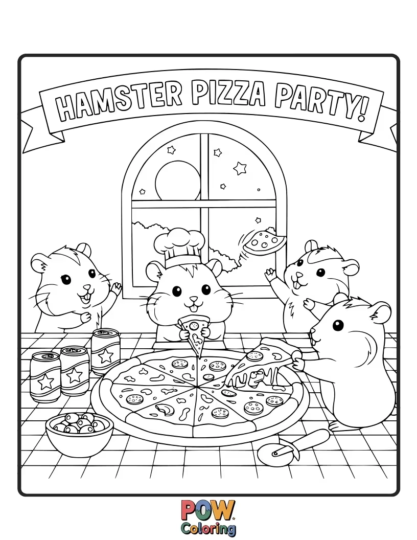 Free coloring page of A hungry hamster eagerly grabbing a slice of giant, delicious-looking pizza, surrounded by its equally eager friends.