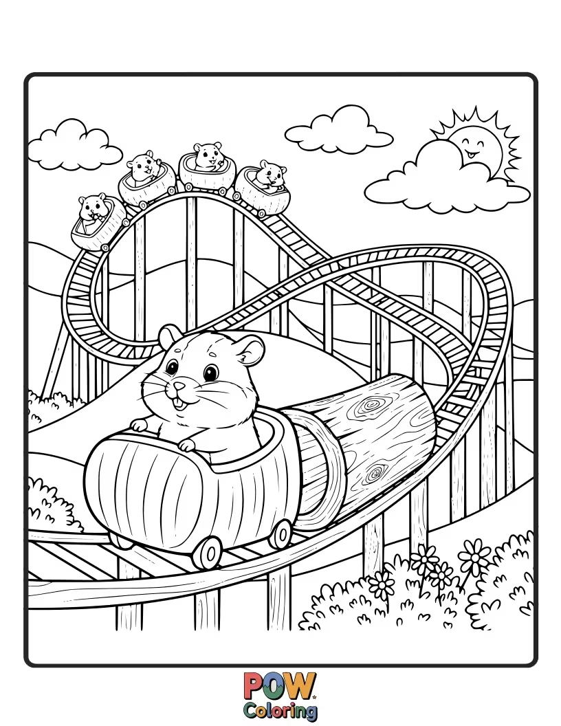 Free coloring page of A thrill-seeking hamster with windblown fur, whizzing down a miniature rollercoaster, with a look of pure excitement.
