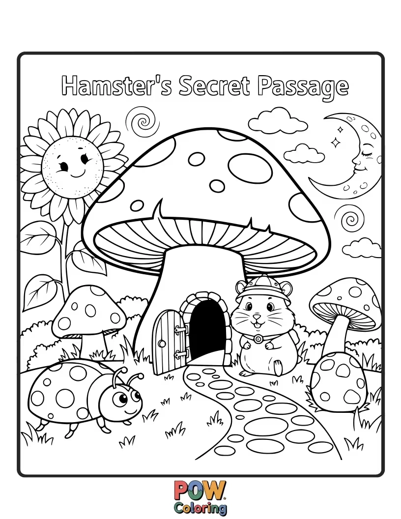 Free coloring page of A curious hamster discovering a hidden secret passage behind a bookshelf, leading to an unknown adventure.