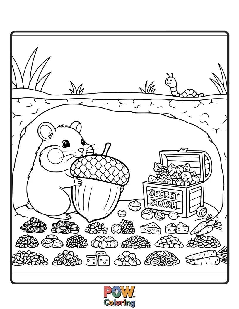 Free coloring page of A mischievous hamster peeking out from behind a mountain of seeds and snacks, guarding its precious hoard.