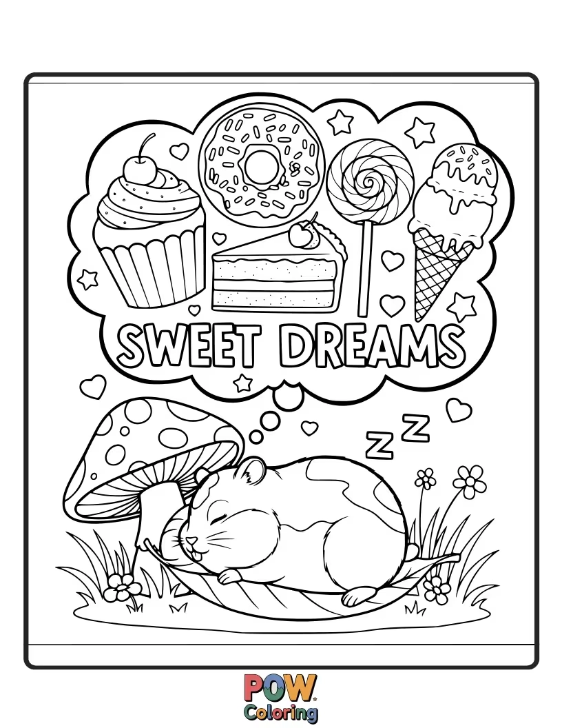 Free coloring page of A tiny hamster sleeping soundly inside a giant, decorated donut, surrounded by sugary sprinkles and frosting.