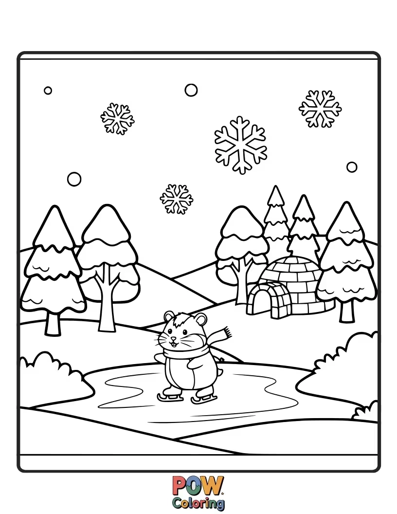 Free coloring page of A cozy hamster bundled in a scarf and hat, building a tiny snowman in a whimsical snowy landscape.