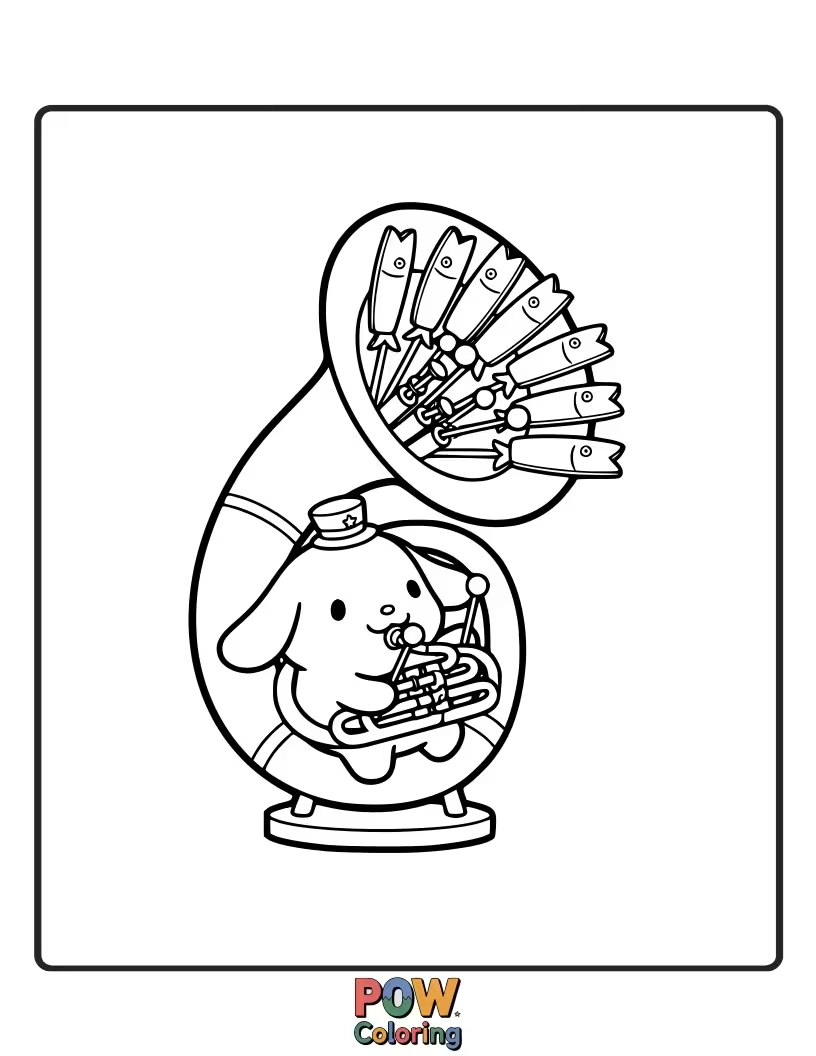 Free coloring page of Hangyodon enthusiastically playing a ukulele with a happy tune.