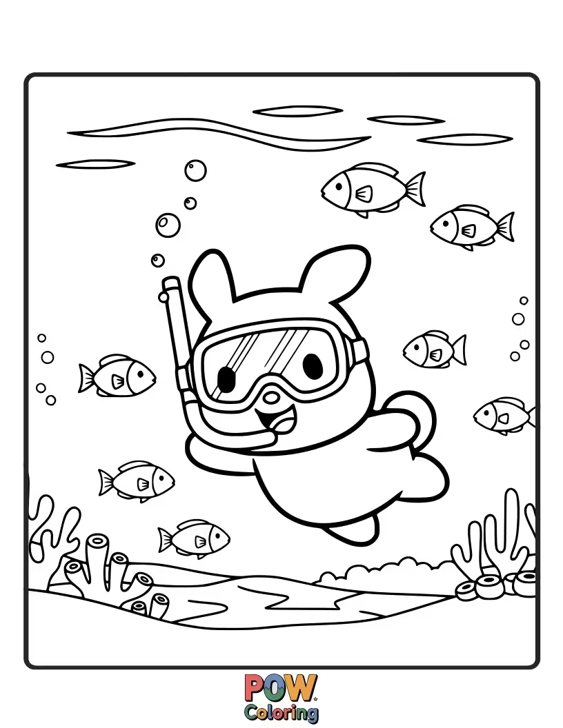Free coloring page of Hangyodon happily swimming with his fish friends in a colorful ocean.