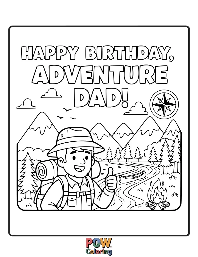 Free coloring page of A dad wearing a backpack and hiking boots stands atop a mountain, admiring a beautiful sunrise.