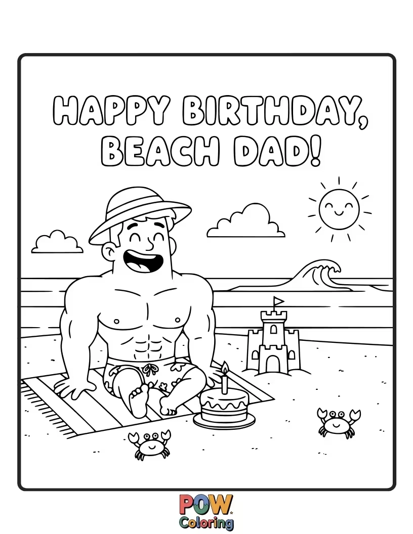 Free coloring page of A dad relaxes in a hammock on a tropical beach, holding a birthday cocktail.