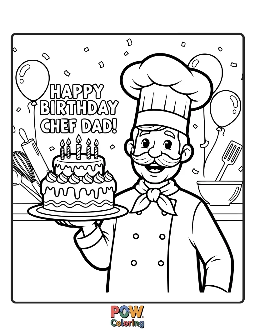 Free coloring page of A dad in a chef hat proudly presents a giant birthday cupcake with extra frosting.