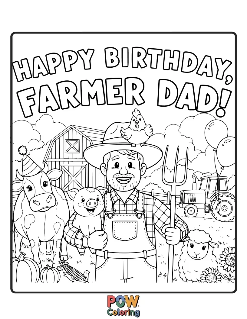 Free coloring page of A cheerful dad in overalls drives a tractor through a field of birthday cupcakes.