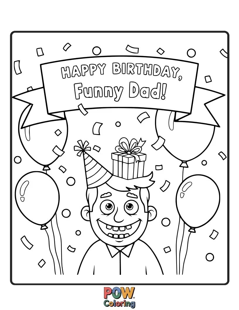 Free coloring page of A dad tells a joke to a group of laughing animals, with balloons and confetti.