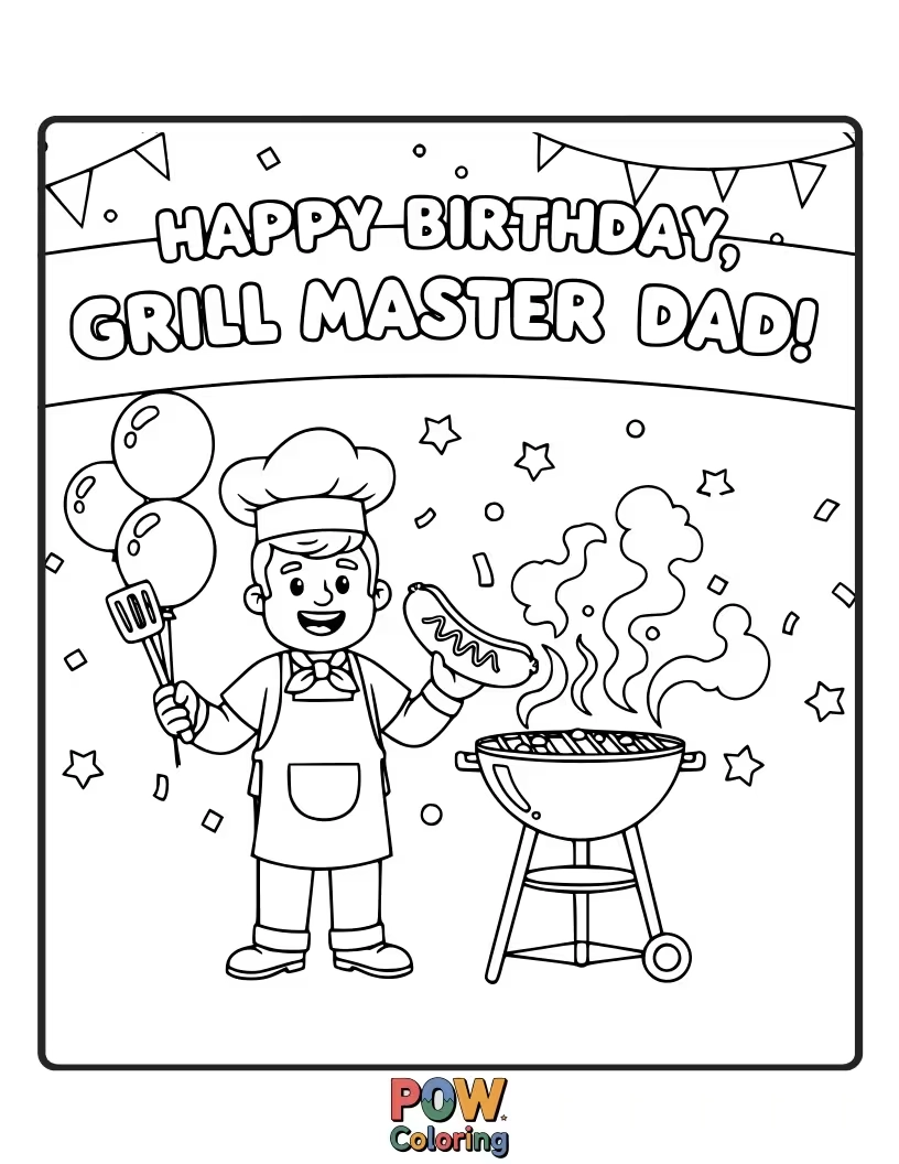 Free coloring page of A dad in an apron expertly flips burgers on a BBQ grill, surrounded by party balloons.