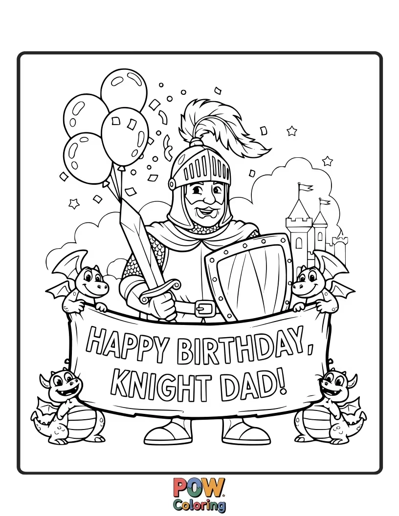 Free coloring page of A brave dad in shining armor wields a sword made of balloons, protecting a birthday castle.