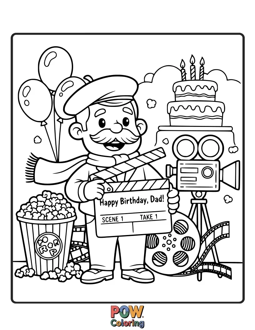 Free coloring page of A dad enjoys a movie night with popcorn, a big screen showing a birthday message.