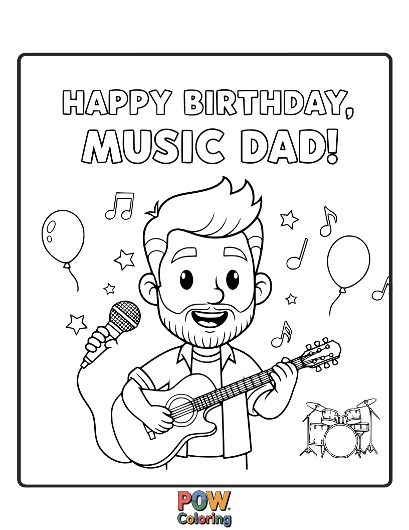Free coloring page of A cool dad strums a guitar with musical notes floating around, celebrating his special day.