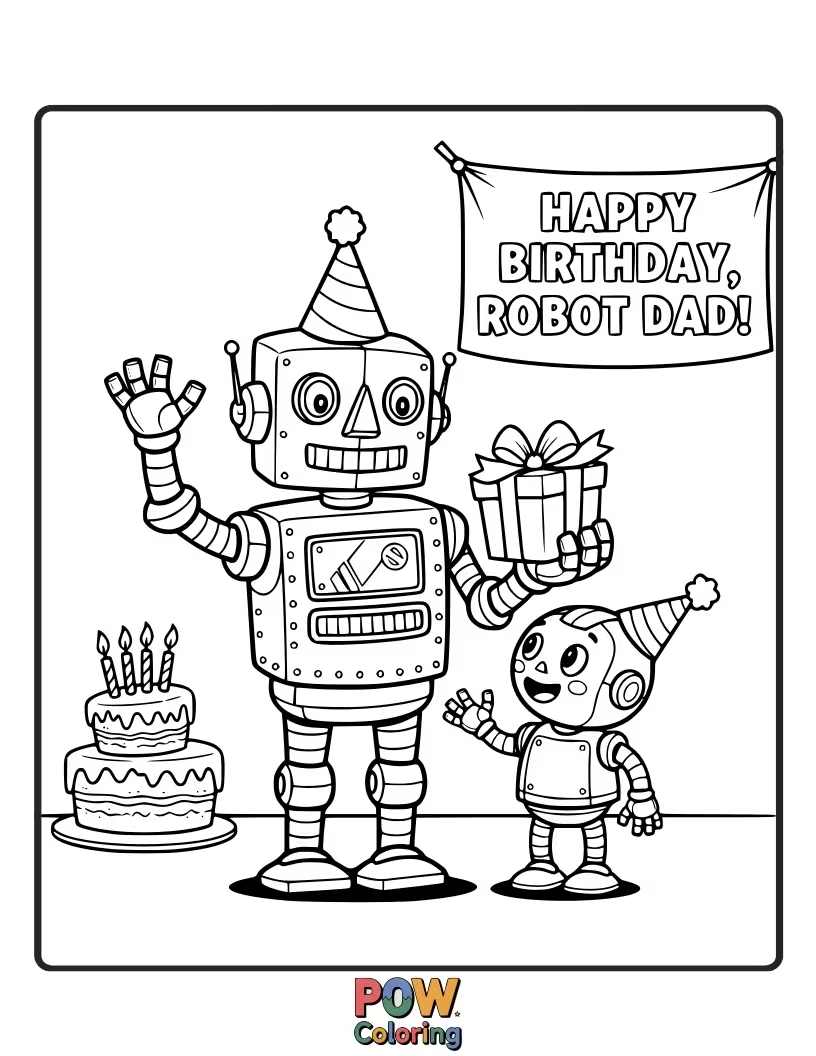 Free coloring page of A friendly robot dad with gears and circuits offers a birthday cake with digital flair.