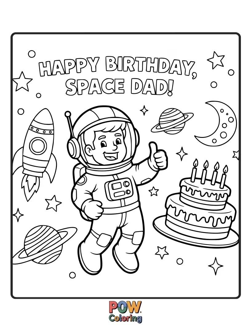 Free coloring page of A dad in a rocket ship blasts off into space, leaving a trail of birthday stars.