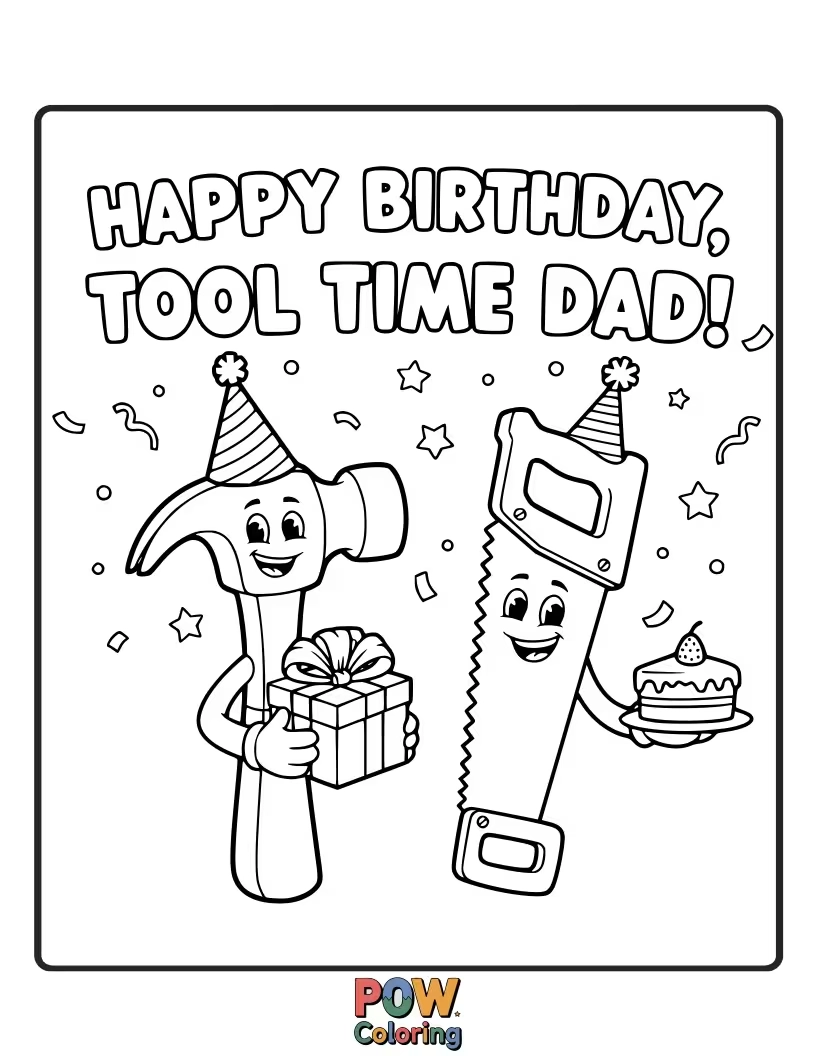Free coloring page of A handy dad with a toolbox full of fun tools builds a charming birdhouse for his birthday.