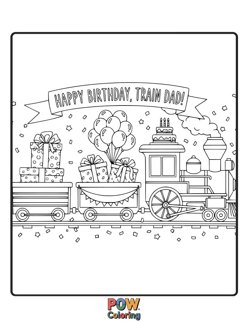 Free coloring page of A dad drives a happy train filled with presents, chugging along a track with birthday decorations.
