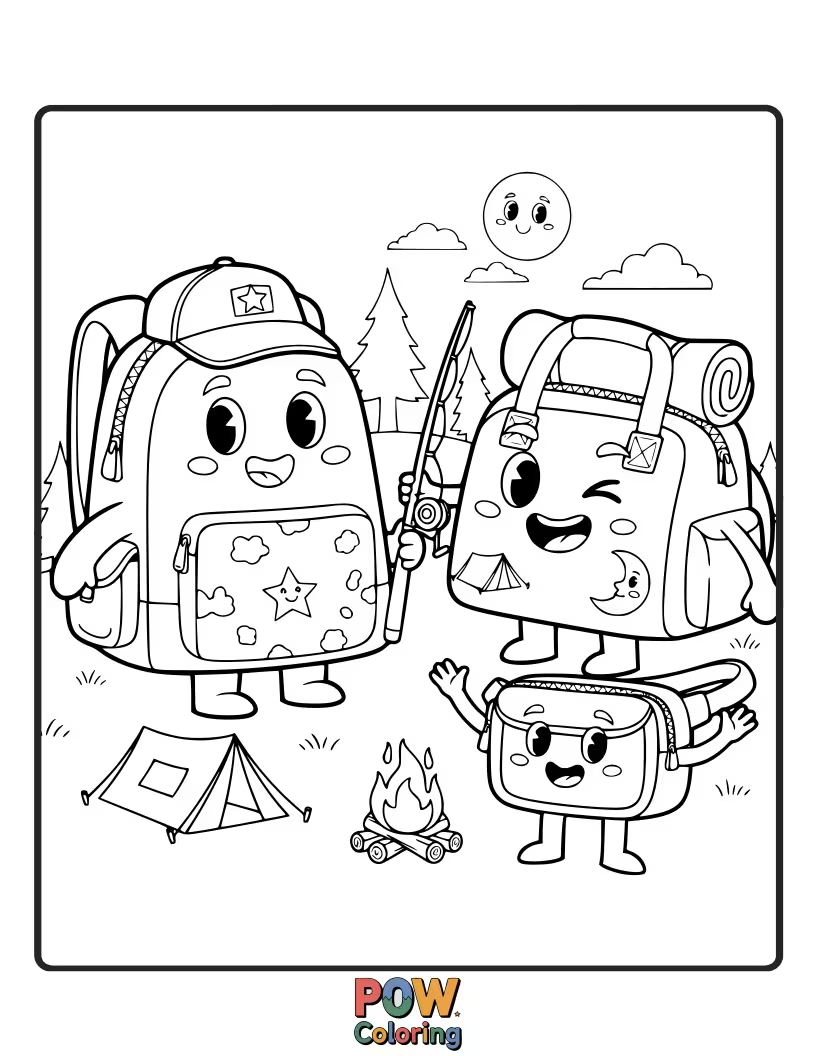 Free coloring page of Adventurous bags designed for the great outdoors, featuring tents, trees, and campfire elements for nature-loving artists.