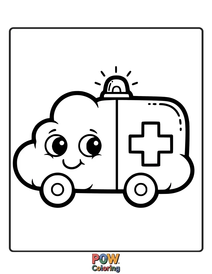 Free coloring page of A fluffy cloud shaped like an ambulance, drifting through a sunny sky with cheerful stars.