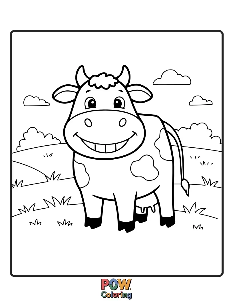 Free coloring page of A cheerful cow with a big, friendly smile, perfect for little hands to color. This simple design encourages joyful creativity.