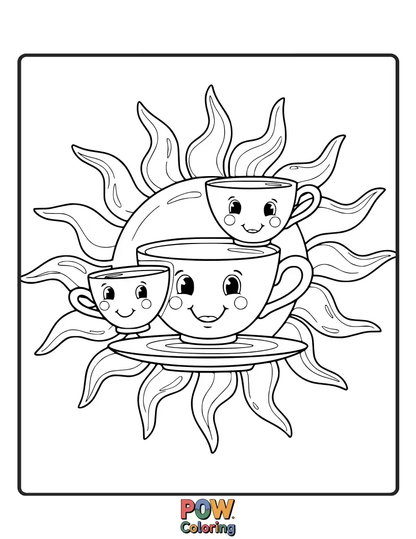 Free coloring page of Bright and cheerful cups soaking up the warm sun in a field of blooming flowers. A dose of pure joy!
