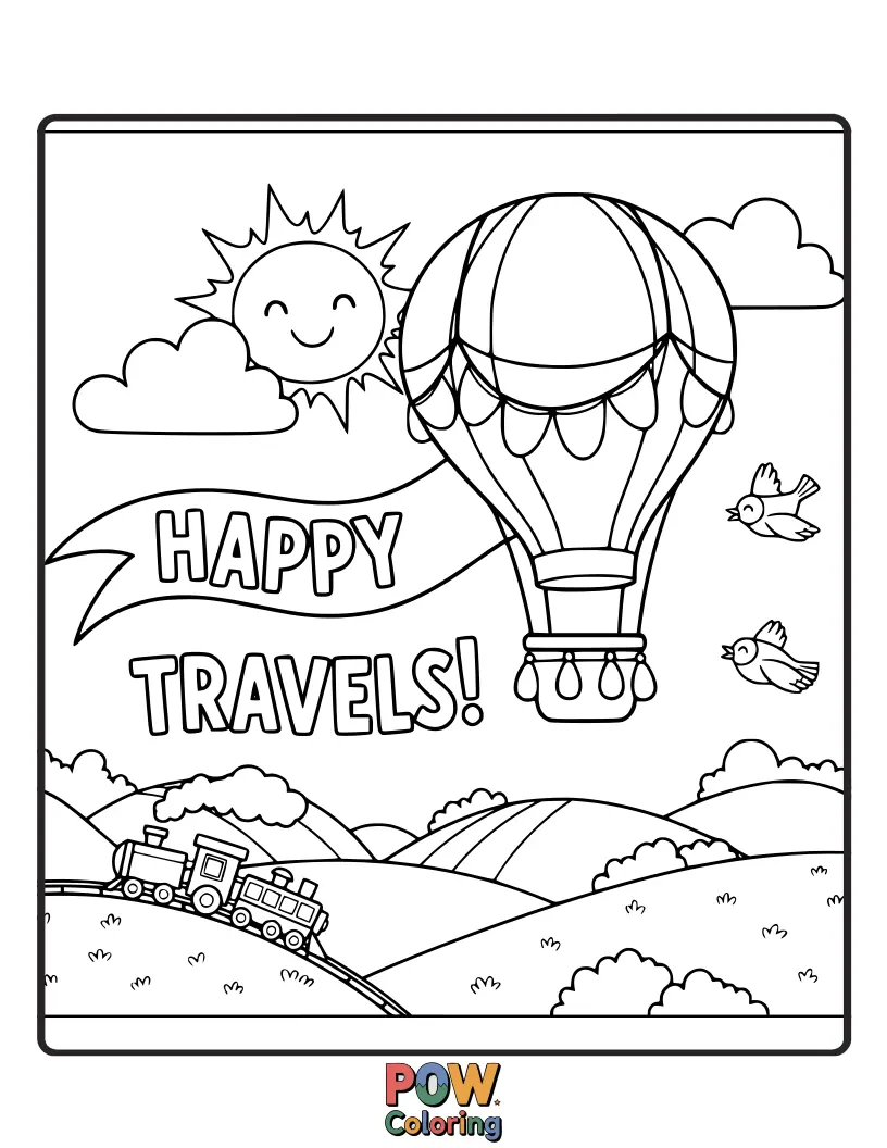 Free coloring page of A cheerful drawing of a vintage suitcase decorated with travel stickers, ready for an exciting new adventure.