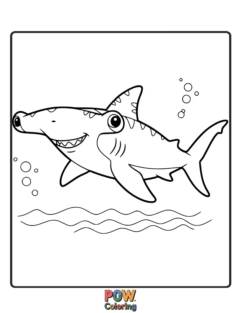 Free coloring page of A simplified, friendly hammerhead shark with its distinctive head shape, making it fun and educational to color.