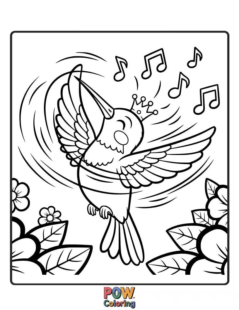 Free coloring page of A vibrant hummingbird in mid-flight, appearing to be dancing with joy and energy.